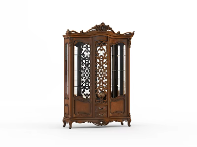 Classical Wooden Wine Cabinet With Intricate Carved Patterns And Glass Display Doors 3d model
