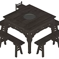 Classic Chinese Dark Wooden Dining Table Set With Square Top Round Hole Center And Benches
