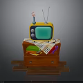 Vintage Yellow TV On Red Cabinet With Books Colored Pencils And Checkered Cloth