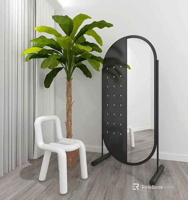 Black Full Length Mirror with Green Plant White Chair Gray Curtain and Wooden Floor 3d model 
