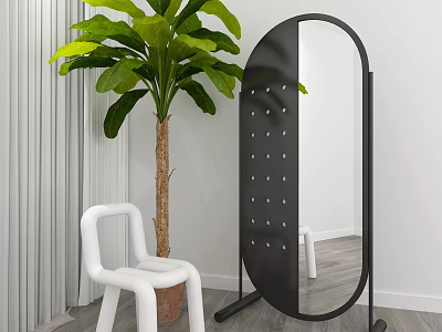 Black Full Length Mirror with Green Plant White Chair Gray Curtain and Wooden Floor 3d model