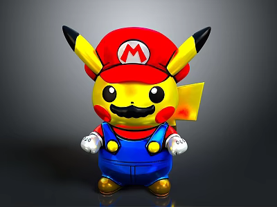 Pikachu Mario Fusion Figurine With Red Hat M Logo Blue Overalls Mustache And Lightning Tail 3d model