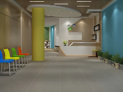 School Lobby With Colorful Chairs Reception Desk And Green Plants 3d model