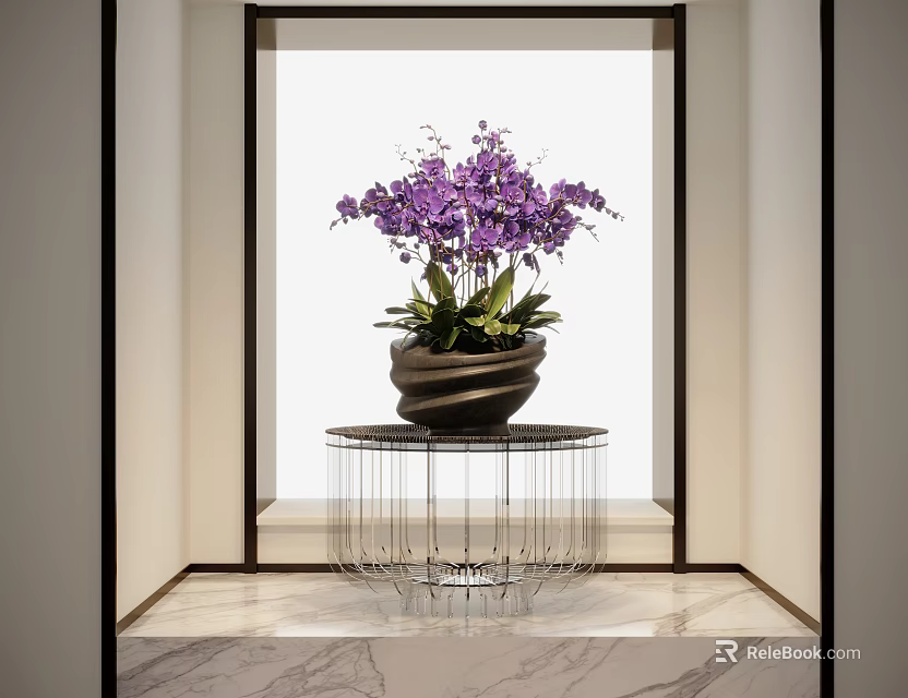 Purple Orchid Bonsai Potted Plant On Clear Crystal Base Table In Modern Indoor Setting 3d model 