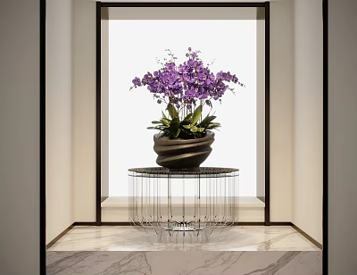 Purple Orchid Bonsai Potted Plant On Clear Crystal Base Table In Modern Indoor Setting 3d model