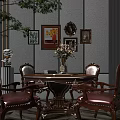 Classic Carved Wooden Dining Table Set with Leather Chairs Wall Art and Floral Vase