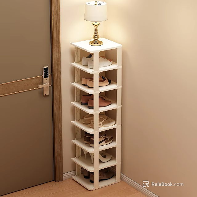 White Multi Tiered Shoe Rack With Shoes And Small Lamp In Indoor Entryway 3d model 