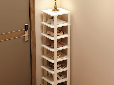 White Multi Tiered Shoe Rack With Shoes And Small Lamp In Indoor Entryway 3d model
