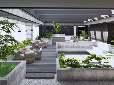 Serene Roof Garden With Lush Greenery Outdoor Seating And Wooden Deck 3d model