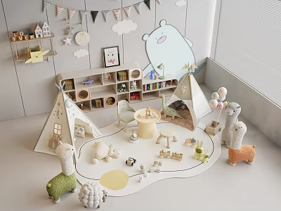 Plush Toys In Cozy Kids Playroom With Teepees And Decor 3d model