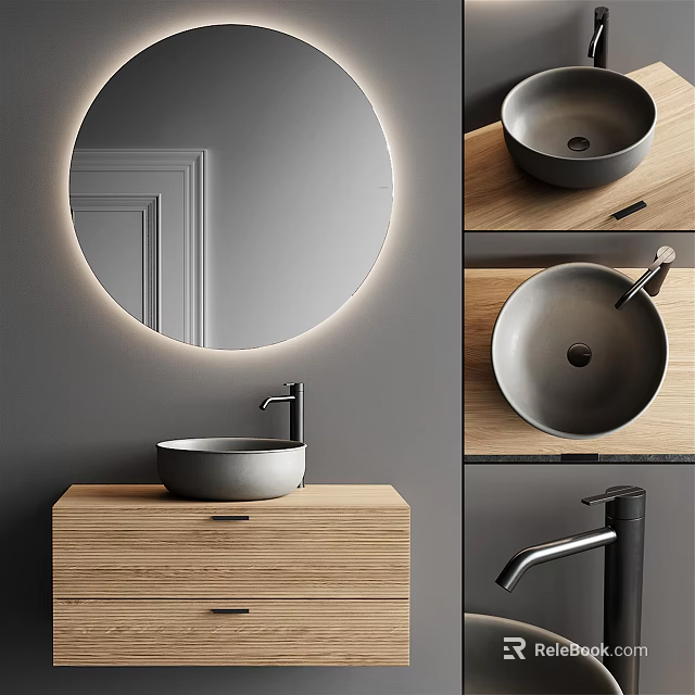 Modern Bathroom Vanity With Circular Backlit Mirror Gray Vessel Sink Wooden Cabinet And Black Faucet 3d model 