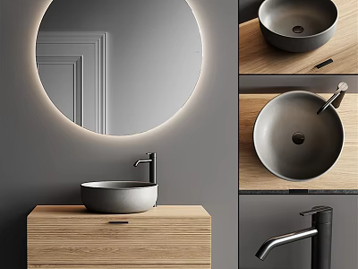 Modern Bathroom Vanity With Circular Backlit Mirror Gray Vessel Sink Wooden Cabinet And Black Faucet 3d model