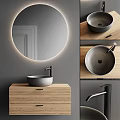 Modern Bathroom Vanity With Circular Backlit Mirror Gray Vessel Sink Wooden Cabinet And Black Faucet