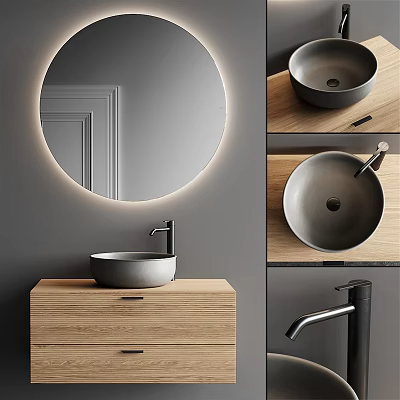 Modern Bathroom Vanity With Circular Backlit Mirror Gray Vessel Sink Wooden Cabinet And Black Faucet 3d model