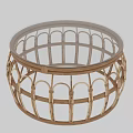 Natural Handwoven Rattan Round Dining Table With Clear Glass Top For Casual Home Living Room