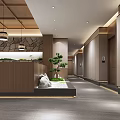 Wooden Reception Area Interior With Marble Counter Display Shelves Chandeliers And Landscape Painting