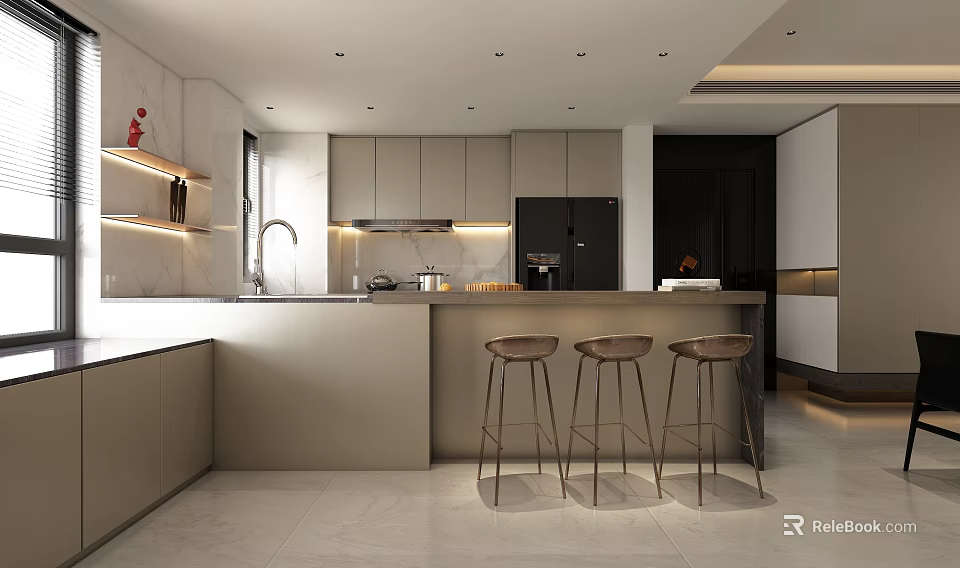 Modern Open Concept Dining and Living Room Interior With Island Counter And Bar Stools 3d model 