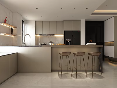 Modern Open Concept Dining and Living Room Interior With Island Counter And Bar Stools 3d model