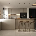 Modern Open Concept Dining and Living Room Interior With Island Counter And Bar Stools