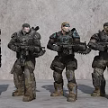 Military Tank With Four Armed Soldiers In Uniform Standing Before Gray Wall