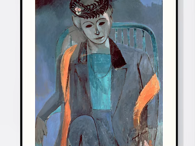 Portrait Painting of Woman Sitting on Chair with Dark Coat Blue Top and Orange Accents 3d model