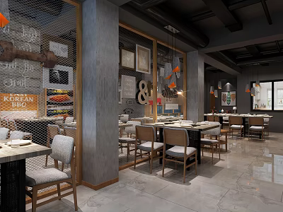 Korean Restaurant Modern Industrial Interior With Wooden Tables Chairs And Decorative Paintings 3d model