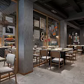 Korean Restaurant Modern Industrial Interior With Wooden Tables Chairs And Decorative Paintings