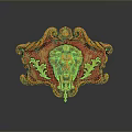 Ornate Red And Gold Decorative Piece With Lion Head And Intricate Scroll Patterns