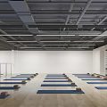 Bright Yoga Studio With Blue Mats Wooden Floor And Yoga Pose Posters