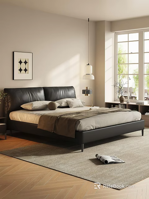 Black Leather Double Bed in Modern Bedroom with Nightstand Table Lamp and Wall Art 3d model 