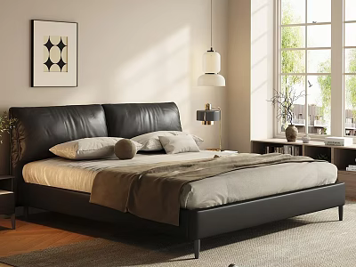Black Leather Double Bed in Modern Bedroom with Nightstand Table Lamp and Wall Art 3d model