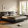 Black Leather Double Bed in Modern Bedroom with Nightstand Table Lamp and Wall Art