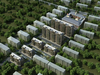 Aerial View Of Well Planned Residential Buildings With Lush Green Surroundings 3d model