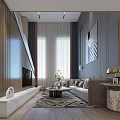 Modern Apartment Living Room With Large Windows And Cozy Sofa