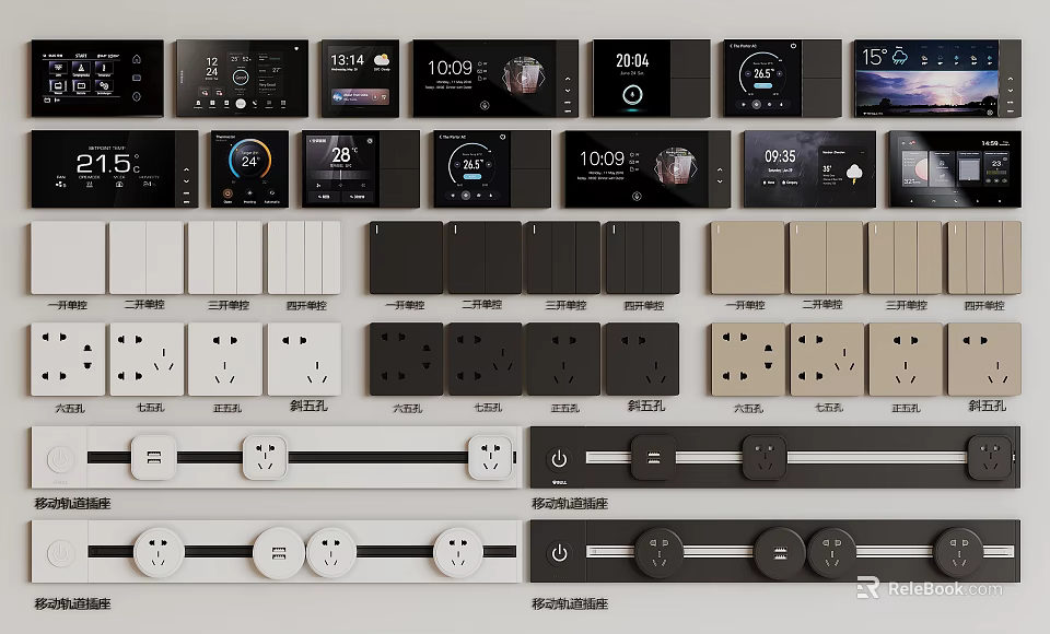Smart and Traditional Switch Panels with Sockets Digital Display in White Black Beige 3d model 