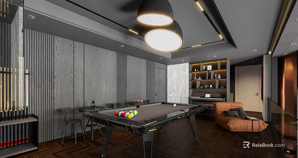 Modern Entertainment Room Interior With Pool Table Wooden Walls Pendant Lights Sofa And Bookshelf 3d model 