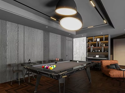 Modern Entertainment Room Interior With Pool Table Wooden Walls Pendant Lights Sofa And Bookshelf 3d model