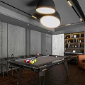 Modern Entertainment Room Interior With Pool Table Wooden Walls Pendant Lights Sofa And Bookshelf