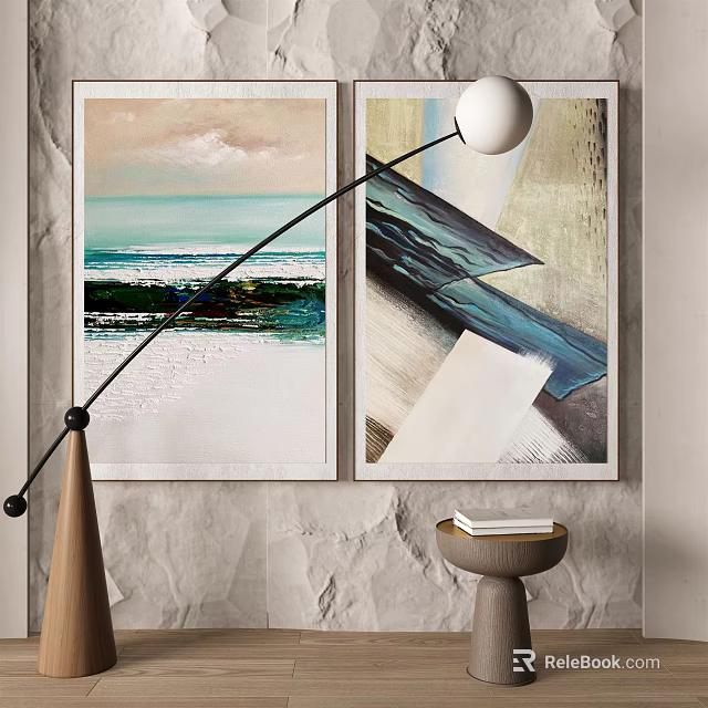Modern Interior Decor With Abstract Paintings Floor Lamp And Textured Wall 3d model