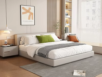 Modern Double Bed With White Frame Green Orange Pillows Carpet And Wooden Floor In Bedroom 3d model