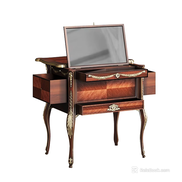 Elegant Classic Wooden Dressing Table With Gold Accents Ornate Mirror And Drawers 3d model 