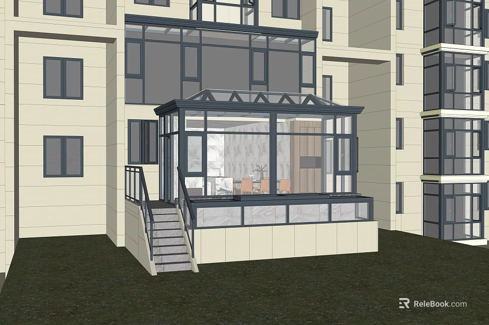 Modern Glass Canopy Structure Attached To Multi Storey Building With Staircase And Grass Area 3d model 