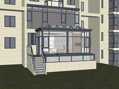 Modern Glass Canopy Structure Attached To Multi Storey Building With Staircase And Grass Area 3d model