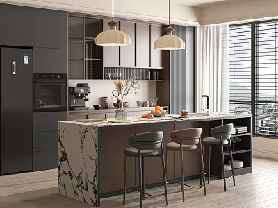 Modern Restaurant Open Kitchen Interior With Marble Island Counter Hanging Lights And Bar Stools 3d model