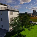 Modern Detached Villa With Large Windows Balconies Front Yard Lawn And Outdoor Seating