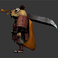 Cartoon Reptile Warrior Character in Samurai Armor Holding Weapon and Red Cloak