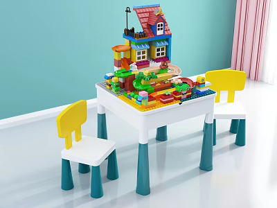 Kids Table with Building Blocks Toys White Tabletop Blue Legs and Two Yellow Backrest Chairs 3d model