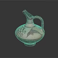 Ancient Earthenware Jug With Dolphin Motif Pink Red Patterns Curved Spout And Decorative Handle