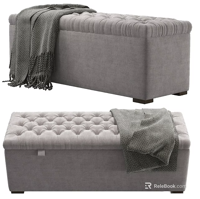 Gray Tufted Storage Ottoman Bench With Soft Blanket And Decorative Design 3d model 