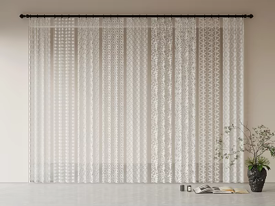 Elegant White Lace Curtains With Detailed Patterns On Black Rod And Side Plant 3d model